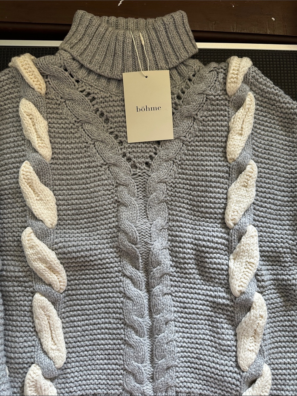 Boheme Gray Turtleneck Sweater with Cream Cable Accents